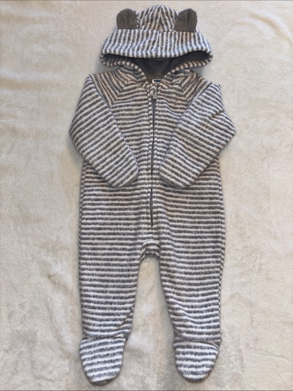 Old navy 0-3 month white and gray Striped Gray Baby Fleece One-Piece with Hood
